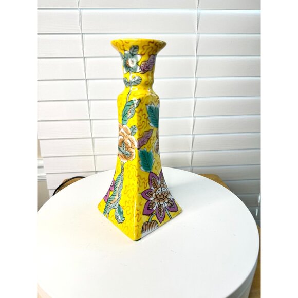 Vintage Chinese Porcelain Candlestick Holder Yellow Floral - Picture 5 of 8